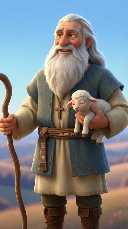 Create a pixar style character illustration: A wise old shepherd with a beard…