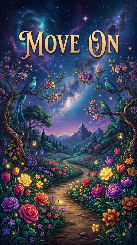 A cosmic botanical poster with "Move On" rendered in warm golden weight lette…