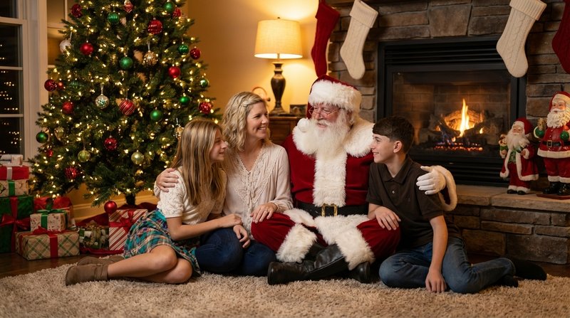 Warm, joyful family photo backdrop with Santa Claus theme. Cozy living room w…