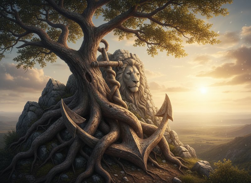 tree with anchor in roots and lion's head in mountain