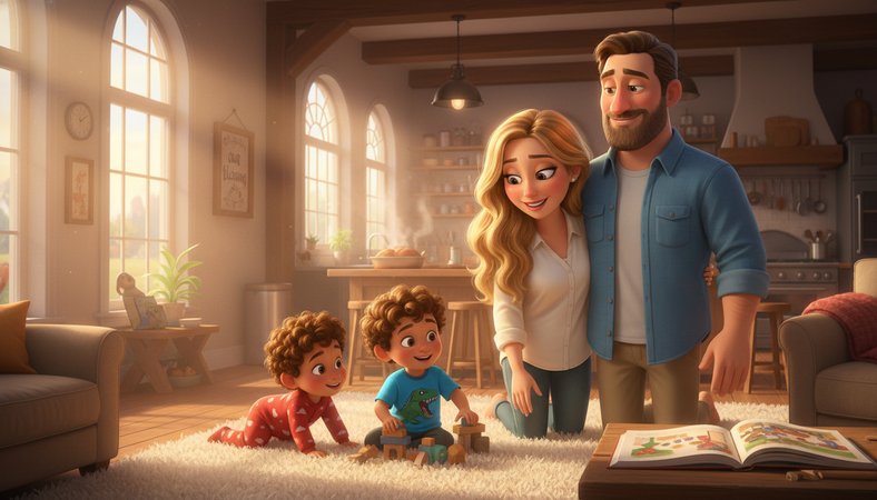 Create a pixar style storybook illustration:

Scene 2: Introduction of Mom an…