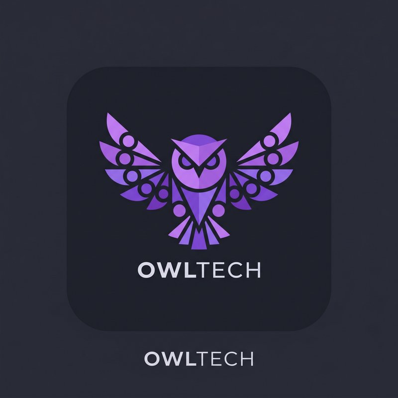 Flat vector owl logo, wings spread, minimalist geometric style, purple violet…