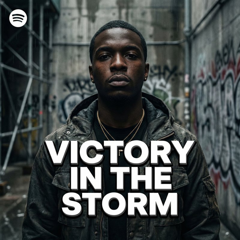 Create a Spotify playlist cover for "Victory in the storm". It starts with lo…