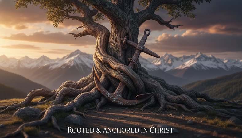 roots of tree wrapped around ancor in front of a mountain