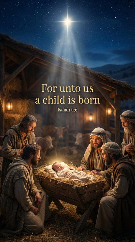 "For unto us a child is born" + "Isaiah 9:6"
  - Background: Manger scene, st…