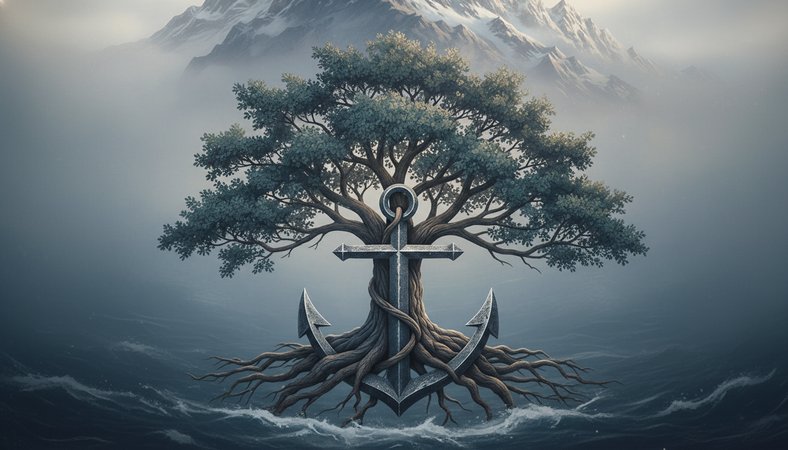 tree with anchor in the roots in front of a snow capped mountain with a lions…