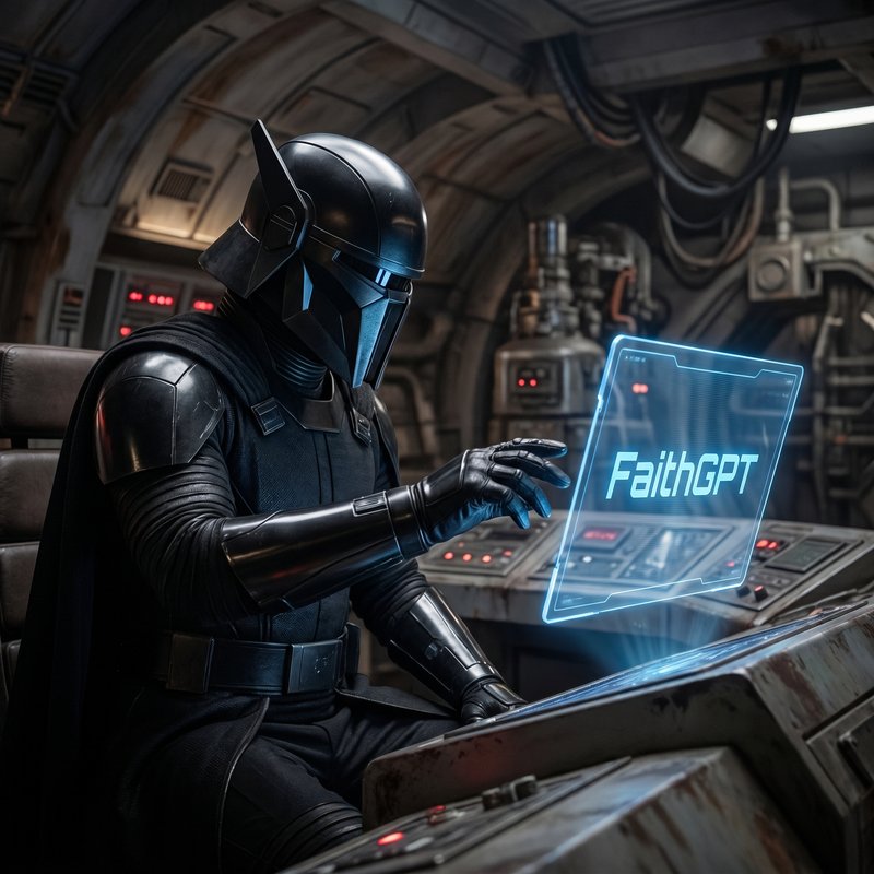 masked star wars villain using an ai chat app called "FaithGPT"