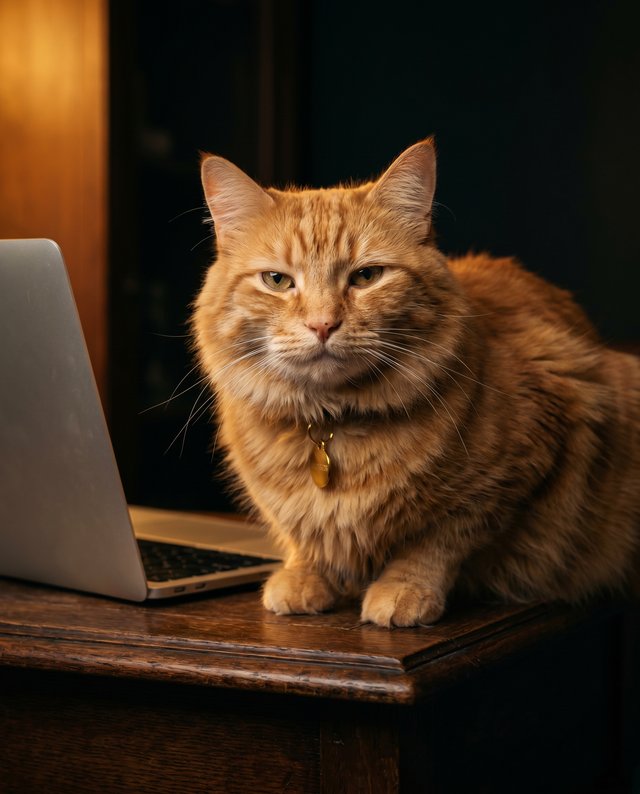 Fat fluffy tabby orange cat sitting on a dark wooden desk with a laptop, 
smu…