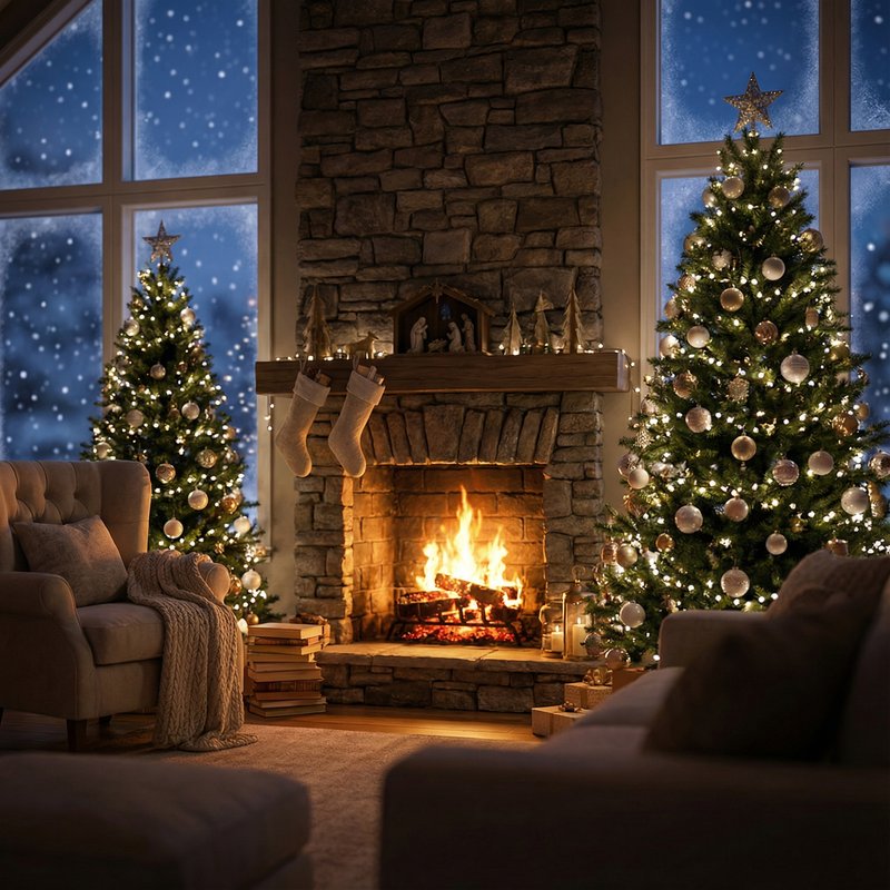 Christmas background with fireplace and decorated christmas trees and snowing…