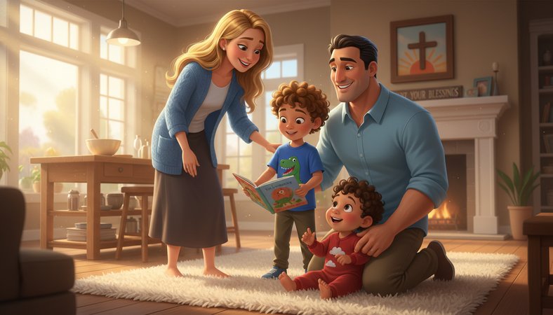Create a pixar style storybook illustration:

Scene 9: Mom joins them, observ…
