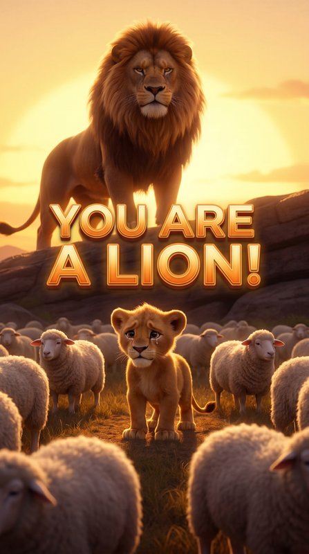 cinematic 3D cartoon lion cub standing sadly among sheep while a giant powerf…