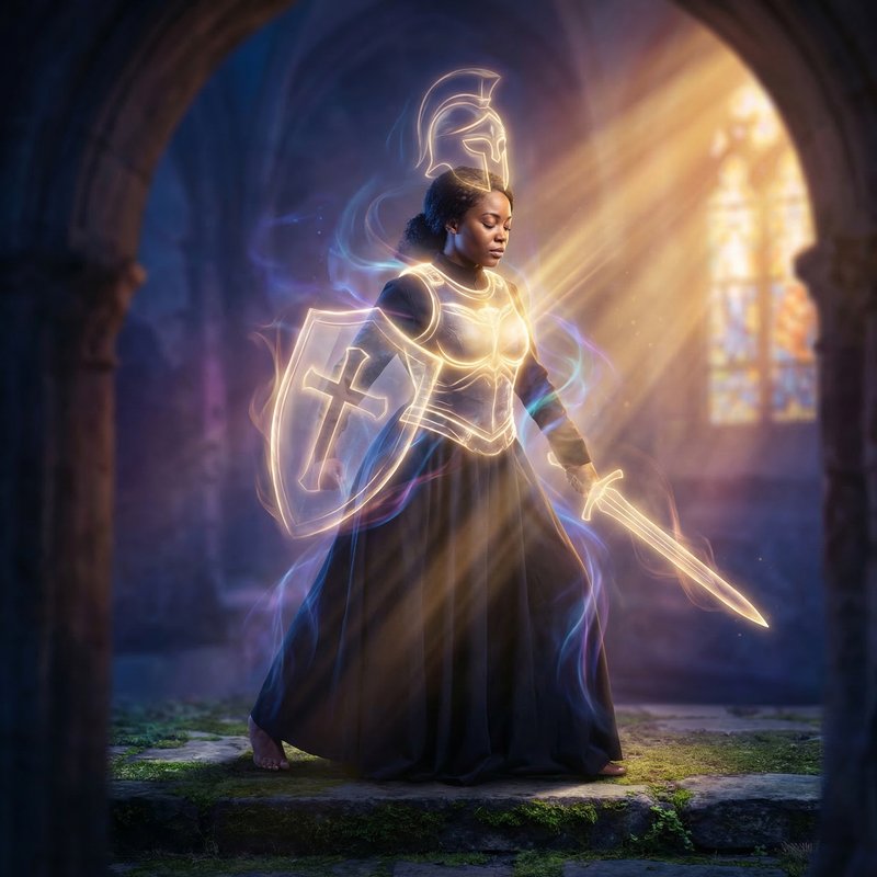 Prayer activating the full armor of god worn by a Black Woman
