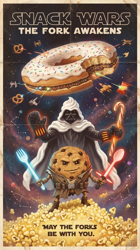 "Snack Wars: The Fork Awakens" a retro 1970s sci-fi parody poster in the styl…