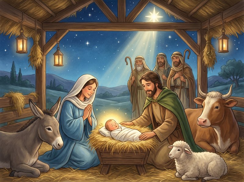 A warm, peaceful stable scene with baby Jesus lying in a manger filled with h…