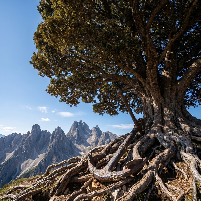 Entire tree with anchor in the roots and mountains in background. Remove lion…
