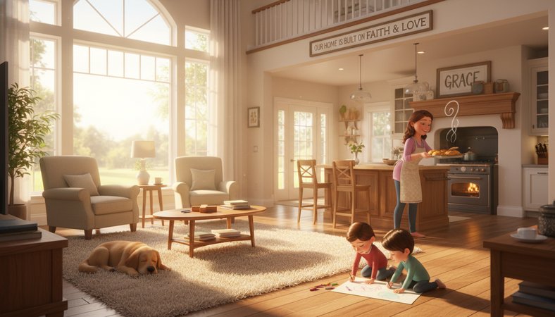 Create a pixar style illustration of: A warm and sunny home filled with the c…