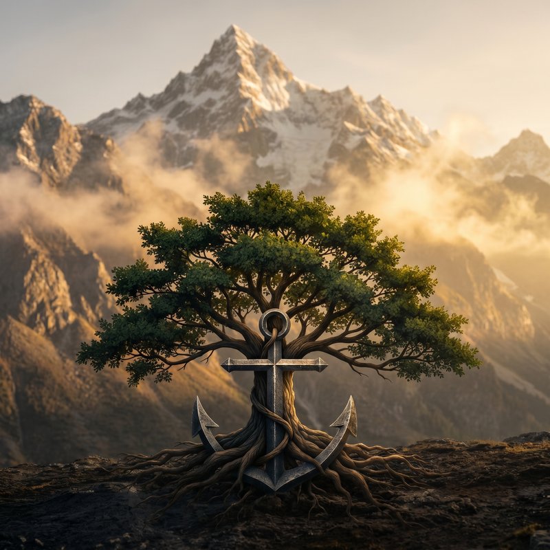 Remove the lions head from this image but keep the mountains, tree, and ancho…