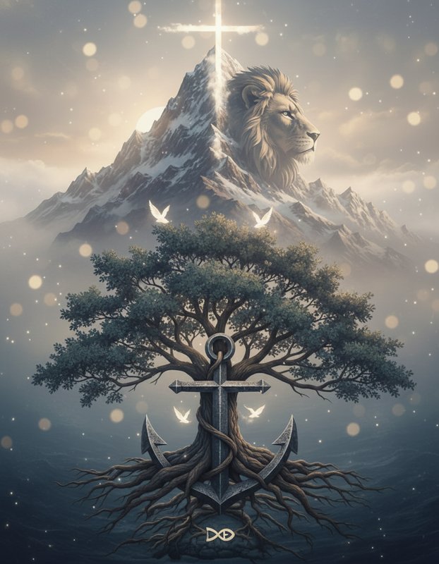 tree with anchor in the roots in front of a snow capped
 mountain with a lion…