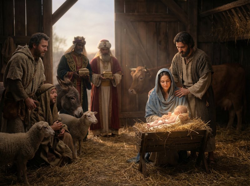 jesus, mary and joseph in the stable with shepherds visiting and the 3 wise m…