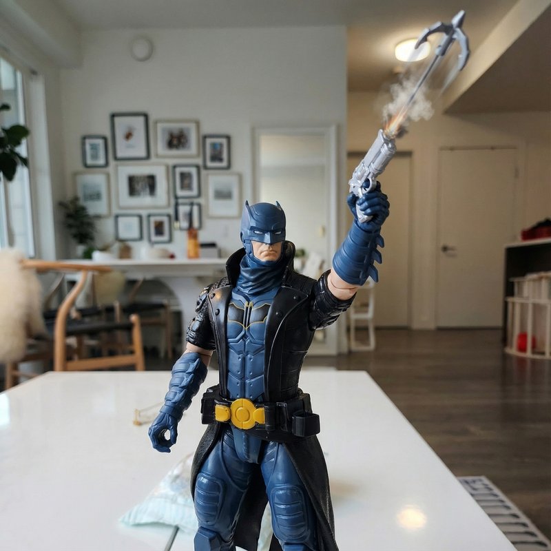 Edit this image to show the Batman action figure shooting his silver grapplin…