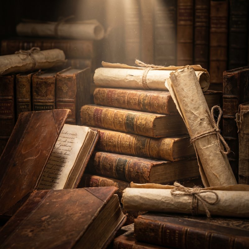 Can you make an image of stacks of books and scrolls?