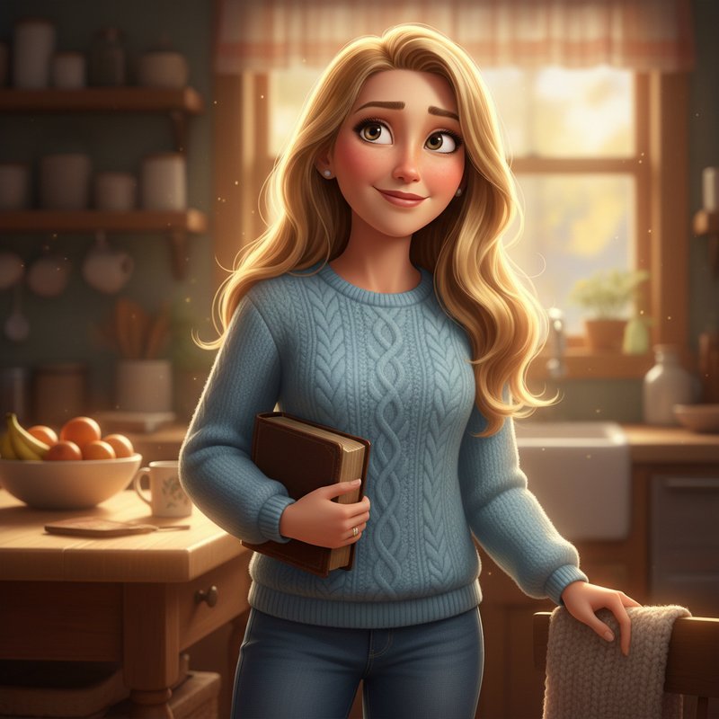 Create a pixar style character illustration: A mother with long, flowing blon…