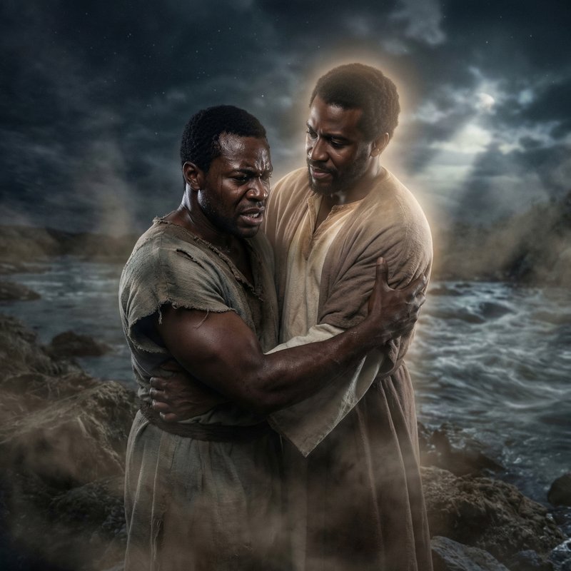 African American Jacob wrestling with an African American God