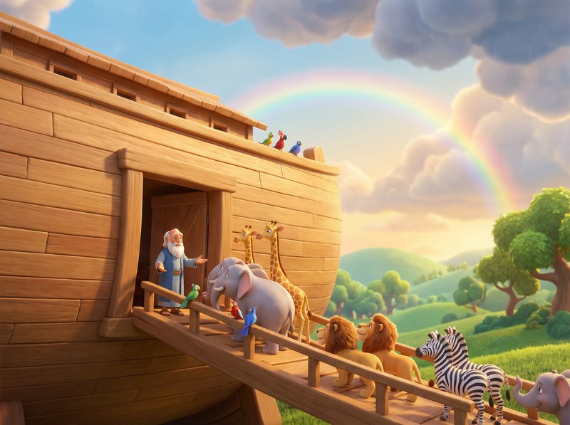 A cheerful, kid-friendly illustration of Noah's Ark filled with colorful anim…